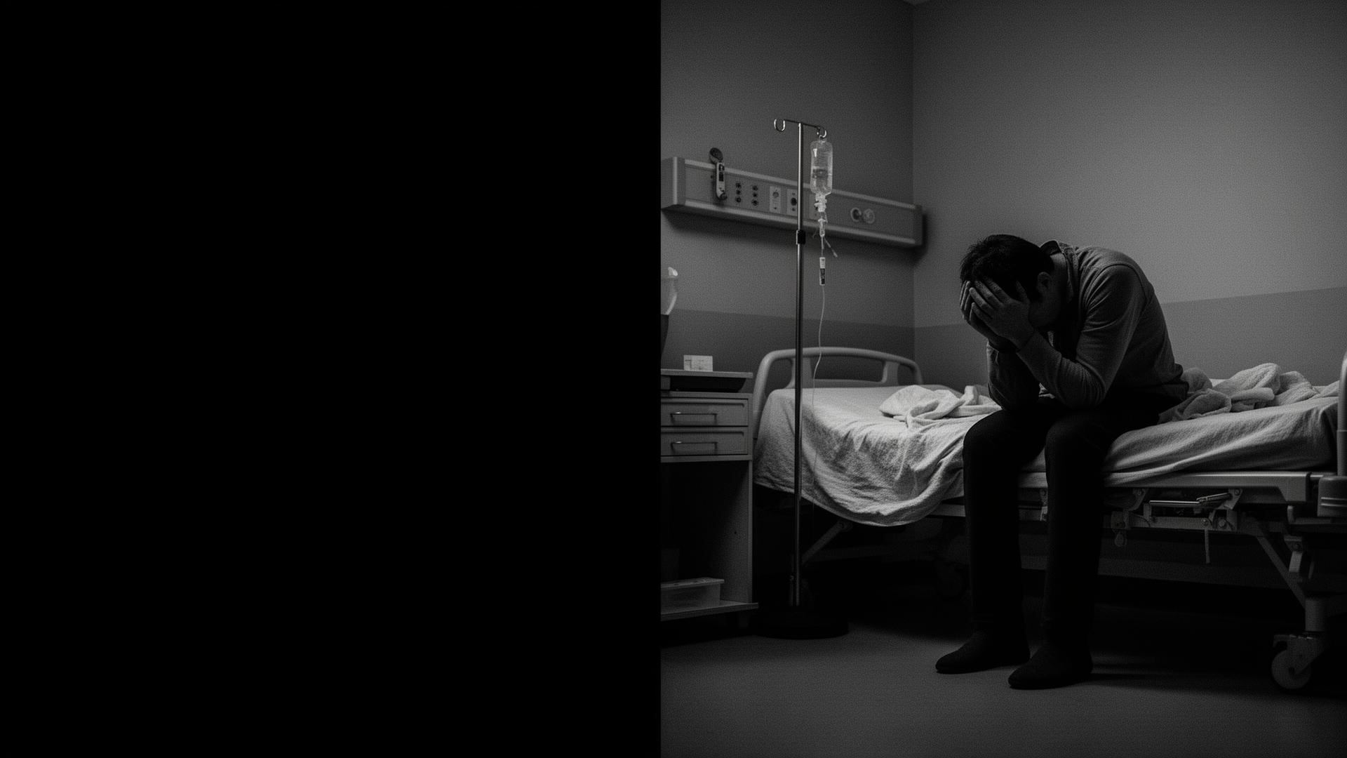 A person sits alone on a hospital bed, head in hands.